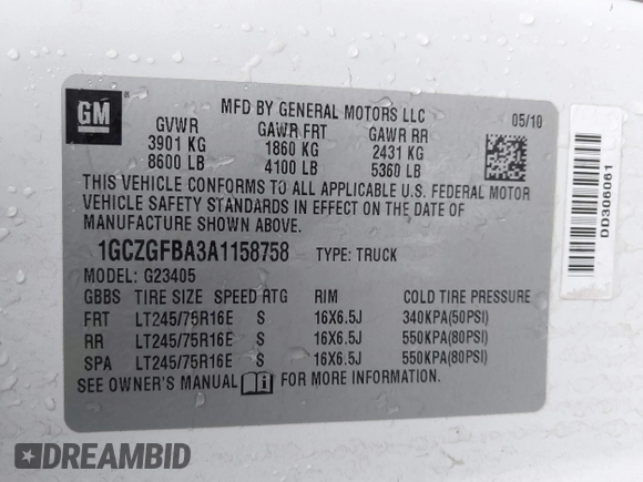 2010 Chevrolet Express Cargo with VIN 1GCZGFBA3A1158758, listed as a IAAI auction lot 41480795 with 240,053 mi miles and . Bid and sale history available at DreamBid. Image 9.