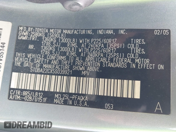 2005 Toyota Sienna XLE with VIN 5TDBA22CX5S039921, listed as a IAAI auction lot 41812339 with 245,111 mi miles and . Bid and sale history available at DreamBid. Image 9.