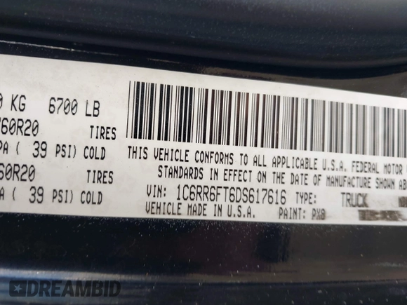 2013 Ram 1500 Tradesman with VIN 1C6RR6FT6DS617616, listed as a IAAI auction lot 41419265 with 134,741 mi miles and . Bid and sale history available at DreamBid. Image 9.