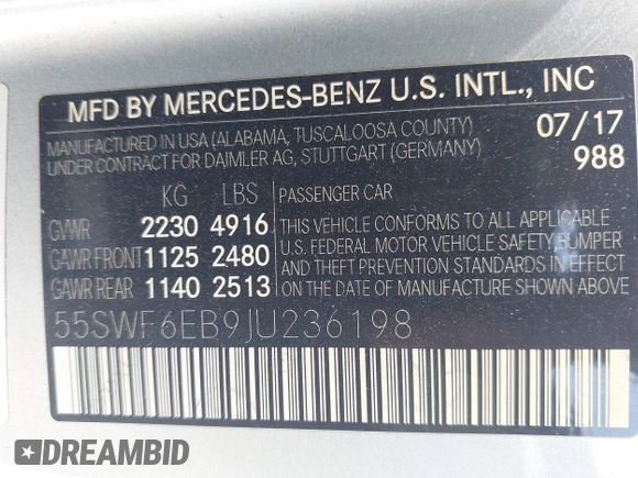 2018 Mercedes-Benz C 43 AMG with VIN 55SWF6EB9JU236198, listed as a IAAI auction lot 42278960 with 48,432 mi miles and . Bid and sale history available at DreamBid. Image 9.