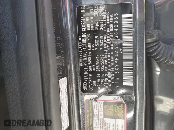 2020 Kia Sorento EX V6 with VIN 5XYPH4A53LG640985, listed as a Copart auction lot 48734505 with 55,026 mi miles and Non Repairable. Bid and sale history available at carsss.com. Image 13.
