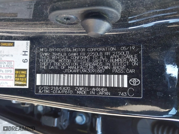2019 Toyota Prius L Eco with VIN JTDKARFU9K3091887, listed as a IAAI auction lot 41282017 with 240,000 mi miles. Bid and sale history available at carsss.com. Image 9.