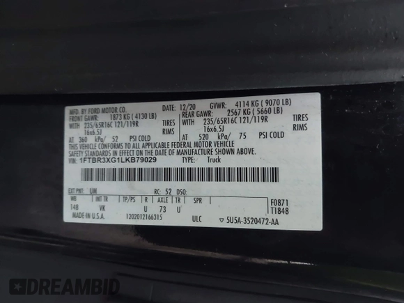 2020 Ford Transit Cargo with VIN 1FTBR3XG1LKB79029, listed as a IAAI auction lot 41483908 with 147,801 mi miles and . Bid and sale history available at DreamBid. Image 9.