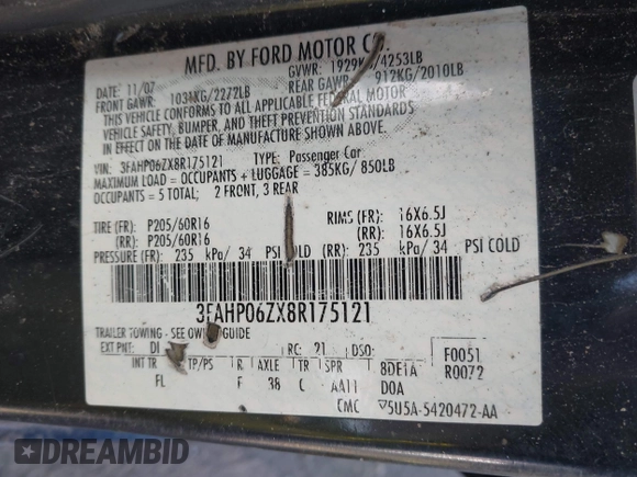 2008 Ford Fusion S with VIN 3FAHP06ZX8R175121, listed as a IAAI auction lot 41523713 with 1 mi miles. Bid and sale history available at carsss.com. Image 9.