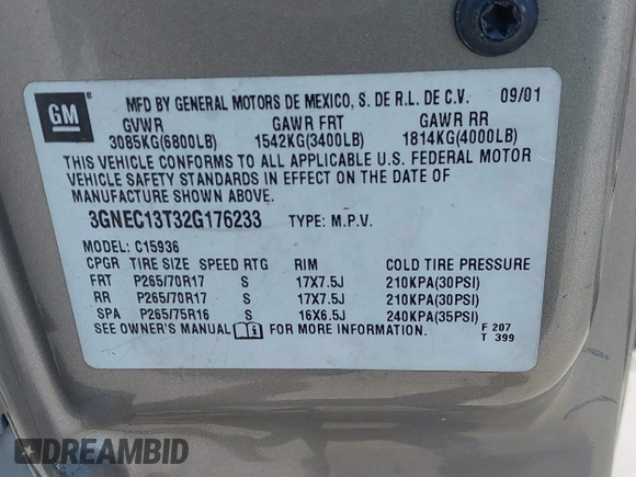 2002 Chevrolet Avalanche with VIN 3GNEC13T32G176233, listed as a IAAI auction lot 42108329 with 312,126 mi miles and . Bid and sale history available at DreamBid. Image 9.