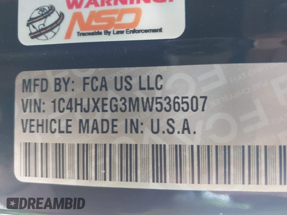 2021 Jeep Wrangler Unlimited Sahara with VIN 1C4HJXEG3MW536507, listed as a IAAI auction lot 41601893 with 51,214 mi miles and . Bid and sale history available at DreamBid. Image 9.