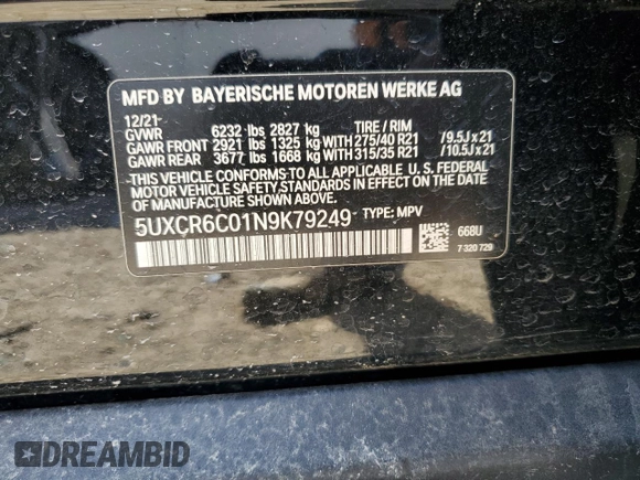 2022 BMW X5 xDrive40i with VIN 5UXCR6C01N9K79249, listed as a Copart auction lot 52316355 with Not provided miles and Salvage title. Bid and sale history available at DreamBid. Image 12.