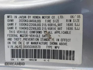 2005 Honda CR-V EX with VIN JHLRD788X5C060570, listed as a IAAI auction lot 41929247 with 226,778 mi miles and . Bid and sale history available at DreamBid. Image 9.