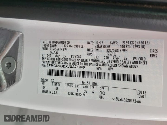 2018 Ford Escape SE z VIN 1FMCU9GDXJUA71940, wystawiony jako Copart lot #55891775 z przebiegiem 117 298 mil mil oraz Tytuł czysty. Historia ofert i sprzedaży dostępna na DreamBid. Obrazek 12.