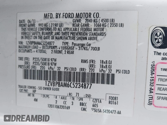 2012 Ford Mustang Premium with VIN 1ZVBP8AM6C5234877, listed as a IAAI auction lot 41911274 with 119,512 mi miles and . Bid and sale history available at DreamBid. Image 9.