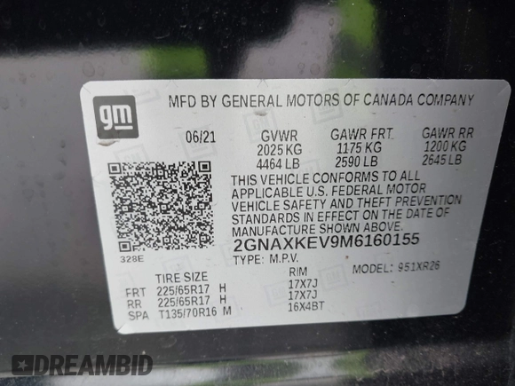 2021 Chevrolet Equinox LT with VIN 2GNAXKEV9M6160155, listed as a IAAI auction lot 41896559 with 81,660 mi miles. Bid and sale history available at carsss.com. Image 9.