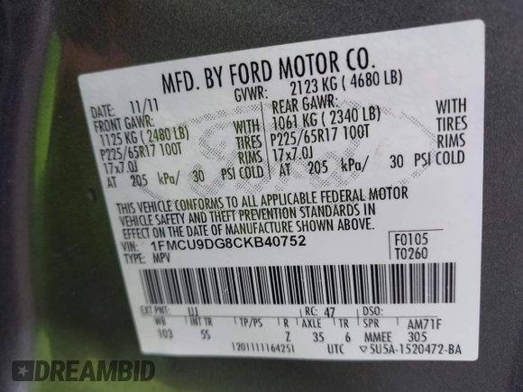 2012 Ford Escape XLT с VIN 1FMCU9DG8CKB40752, выставлен на аукционе IAAI как лот 42644230 с пробегом 198 696 миль миль и . История ставок и продаж доступна на DreamBid. Изображение 9.