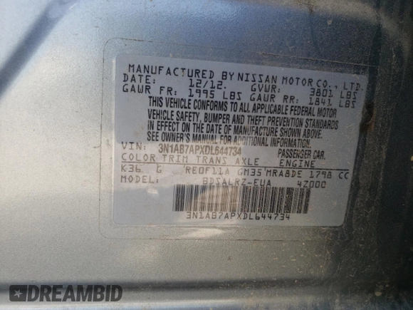 2013 Nissan Sentra S with VIN 3N1AB7APXDL644734, listed as a Copart auction lot 52503245 with 176,325 mi miles and Salvage Title. Bid and sale history available at DreamBid. Image 12.
