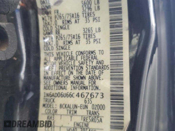 2006 Nissan Frontier SE with VIN 1N6AD06U66C467673, listed as a Copart auction lot 61019835 with 200,895 mi miles and Salvage title. Bid and sale history available at DreamBid. Image 12.