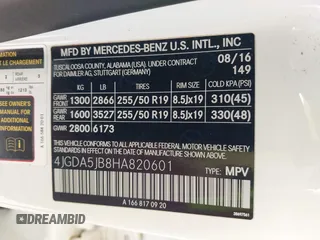 2017 Mercedes-Benz GLE 350 with VIN 4JGDA5JB8HA820601, listed as a IAAI auction lot 42569303 with 162,364 mi miles and . Bid and sale history available at DreamBid. Image 9.