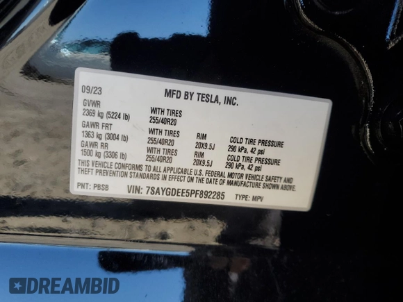 2023 Tesla Model Y Long Range with VIN 7SAYGDEE5PF892285, listed as a Copart auction lot 46458635 with 39,951 mi miles and Salvage Title. Bid and sale history available at DreamBid. Image 13.