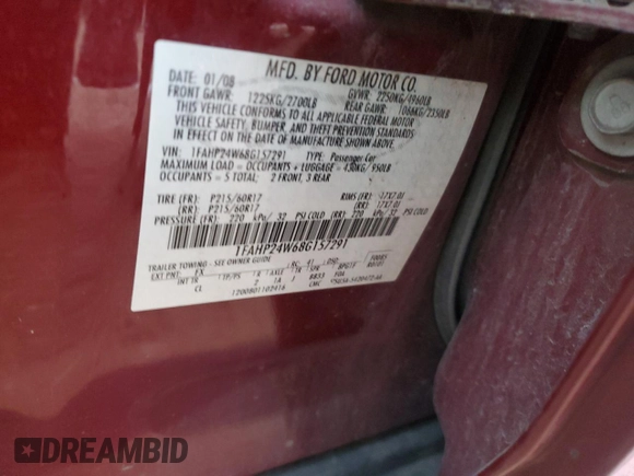 2008 Ford Taurus SEL with VIN 1FAHP24W68G157291, listed as a Copart auction lot 83709044 with 127,366 mi miles and Salvage Title. Bid and sale history available at carsss.com. Image 12.