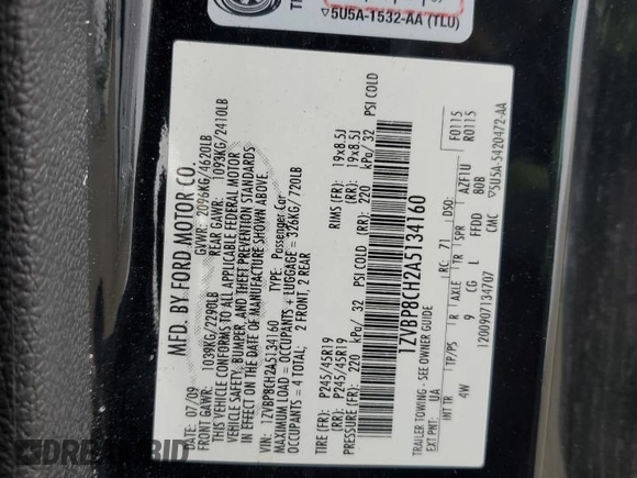 2010 Ford Mustang GT with VIN 1ZVBP8CH2A5134160, listed as a Copart auction lot 53097735 with 131,516 mi miles and Salvage title. Bid and sale history available at DreamBid. Image 12.