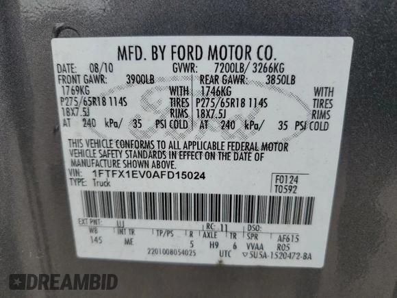 2010 Ford F-150 XL with VIN 1FTFX1EV0AFD15024, listed as a Copart auction lot 45851565 with 164,712 mi miles and Salvage Title. Bid and sale history available at DreamBid. Image 14.