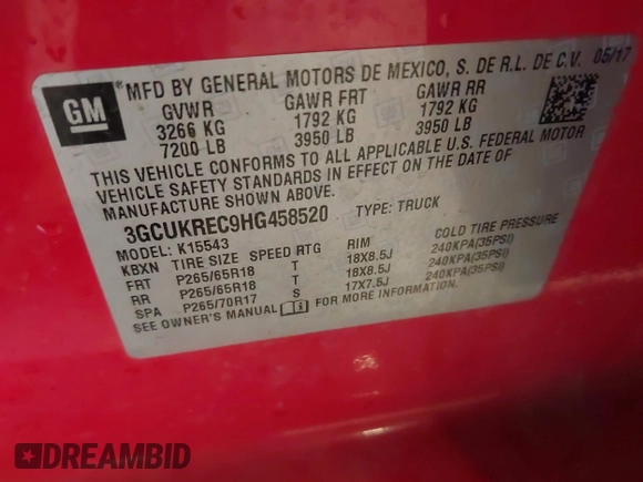 2017 Chevrolet Silverado 1500 LT with VIN 3GCUKREC9HG458520, listed as a IAAI auction lot 41364459 with 130,130 mi miles and . Bid and sale history available at DreamBid. Image 9.