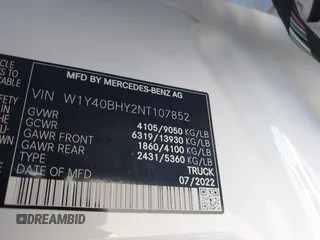 2022 Mercedes-Benz Sprinter Cargo Cargo with VIN W1Y40BHY2NT107852, listed as a IAAI auction lot 41323608 with 27,397 mi miles and . Bid and sale history available at DreamBid. Image 9.