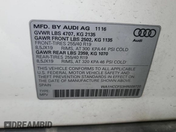 2017 Audi Q3 Premium Plus with VIN WA1HCCFS3HR009720, listed as a Copart auction lot 86170574 with 92,463 mi miles and Salvage title. Bid and sale history available at DreamBid. Image 13.