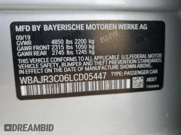 2020 BMW 5 Series 530i with VIN WBAJR3C06LCD05447, listed as a Copart auction lot 49008885 with Not Provided miles and Salvage Title. Bid and sale history available at DreamBid. Image 15.