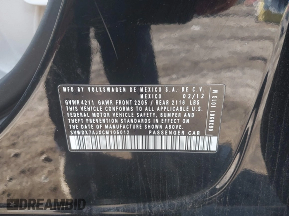 2012 Volkswagen Jetta SE с VIN 3VWDX7AJXCM105012, выставлен на аукционе IAAI как лот 41654667 с пробегом 221 128 миль миль и . История ставок и продаж доступна на DreamBid. Изображение 9.