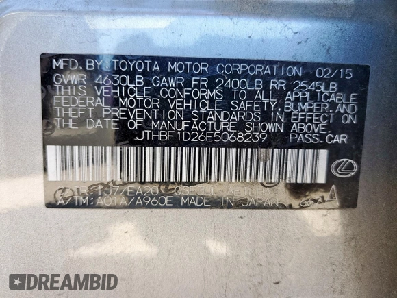 2015 Lexus IS 250 with VIN JTHBF1D26F5068239, listed as a Copart auction lot 56434195 with 89,344 mi miles and Salvage title. Bid and sale history available at DreamBid. Image 13.