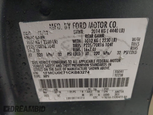2012 Ford Escape Limited with VIN 1FMCU0E71CKB83274, listed as a IAAI auction lot 41737496 with 175,661 mi miles. Bid and sale history available at carsss.com. Image 9.