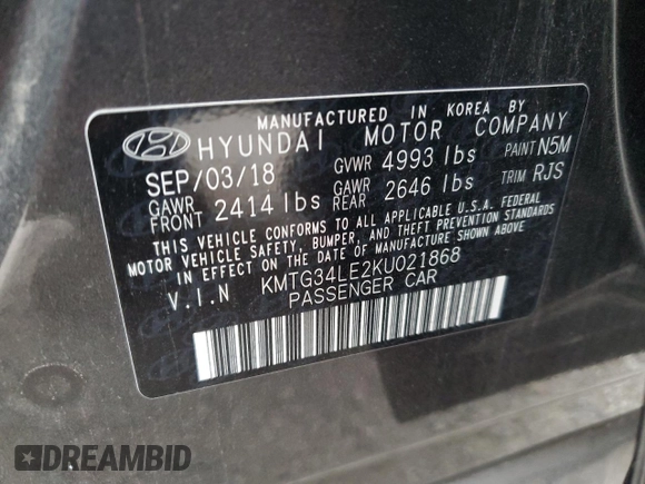 2019 Genesis G70 Design with VIN KMTG34LE2KU021868, listed as a Copart auction lot 73151094 with 68,466 mi miles and Salvage Title. Bid and sale history available at DreamBid. Image 13.