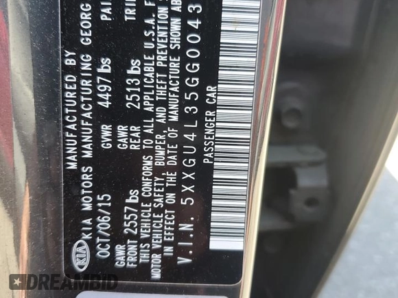 2016 Kia Optima EX with VIN 5XXGU4L35GG004327, listed as a Copart auction lot 54402855 with 92,659 mi miles and Salvage Title. Bid and sale history available at carsss.com. Image 12.