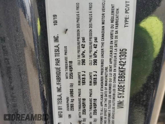 2019 Tesla Model 3 Long Range with VIN 5YJ3E1EB6KF421305, listed as a Copart auction lot 54838355 with 88,111 mi miles and Clean Title. Bid and sale history available at DreamBid. Image 12.