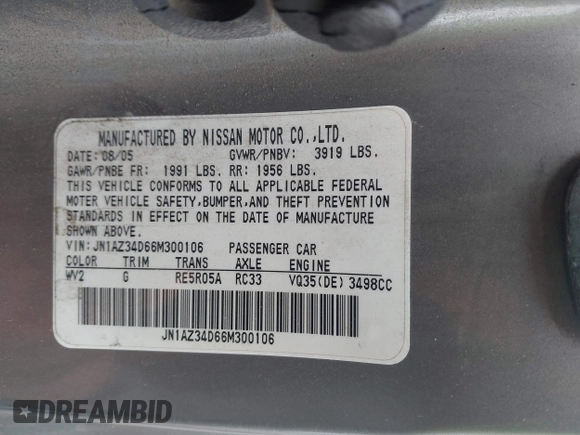 2006 Nissan 350Z Touring z VIN JN1AZ34D66M300106, wystawiony jako IAAI lot #41478974 z przebiegiem 144 279 mil mil oraz . Historia ofert i sprzedaży dostępna na DreamBid. Obrazek 9.
