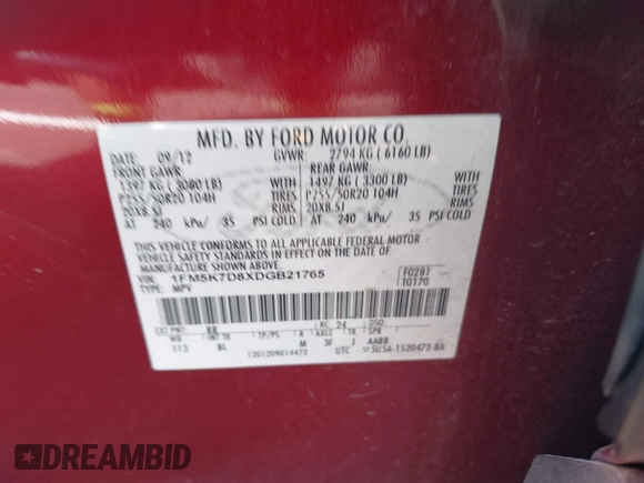2013 Ford Explorer XLT z VIN 1FM5K7D8XDGB21765, wystawiony jako IAAI lot #42596215 z przebiegiem Nie podano mil oraz . Historia ofert i sprzedaży dostępna na DreamBid. Obrazek 9.