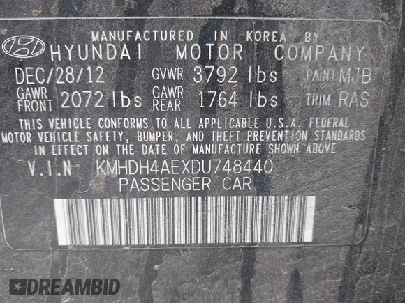 2013 Hyundai Elantra GLS z VIN KMHDH4AEXDU748440, wystawiony jako IAAI lot #42032398 z przebiegiem 146 636 mil mil oraz . Historia ofert i sprzedaży dostępna na DreamBid. Obrazek 9.