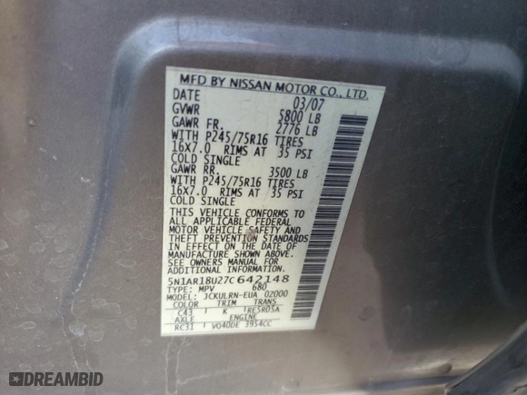 2007 Nissan Pathfinder S with VIN 5N1AR18U27C642148, listed as a Copart auction lot 44166535 with 208,869 mi miles and Salvage Title. Bid and sale history available at carsss.com. Image 13.
