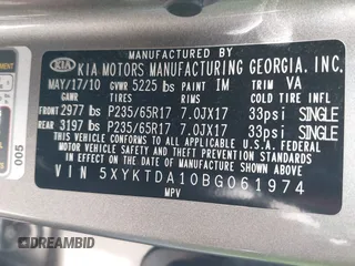 2011 Kia Sorento LX with VIN 5XYKTDA10BG061974, listed as a IAAI auction lot 41924081 with 148,856 mi miles. Bid and sale history available at carsss.com. Image 9.