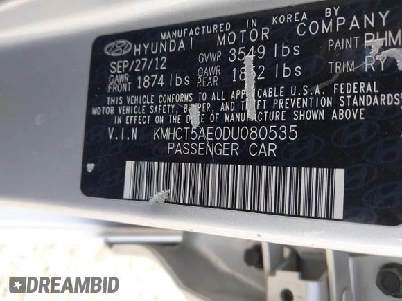 2013 Hyundai Accent GS with VIN KMHCT5AE0DU080535, listed as a IAAI auction lot 41750124 with 81,106 mi miles and . Bid and sale history available at DreamBid. Image 9.
