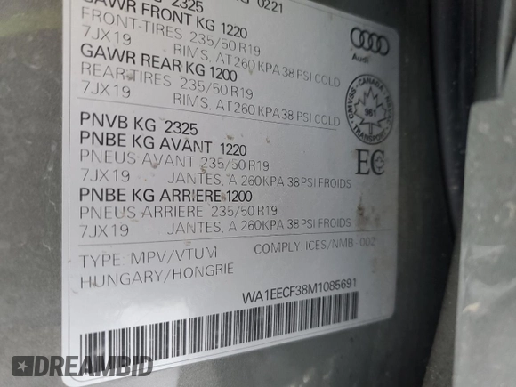 2021 Audi Q3 S line Premium Plus with VIN WA1EECF38M1085691, listed as a Copart auction lot 86403464 with 36,536 mi miles and Salvage Title. Bid and sale history available at carsss.com. Image 12.