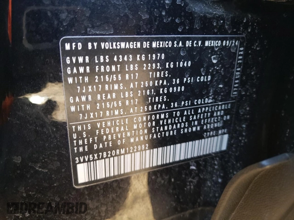 2024 Volkswagen Taos S z VIN 3VV5X7B20RM122992, wystawiony jako Copart lot #44346665 z przebiegiem 6 844 mil mil oraz Szkoda całkowita • Salvage title. Historia ofert i sprzedaży dostępna na DreamBid. Obrazek 13.