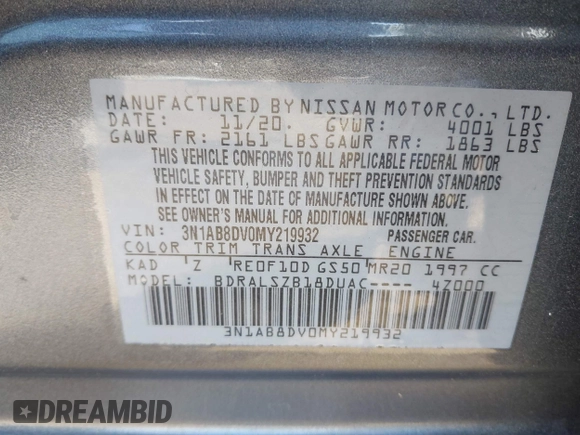 2021 Nissan Sentra SR with VIN 3N1AB8DV0MY219932, listed as a IAAI auction lot 41720651 with 39,201 mi miles. Bid and sale history available at carsss.com. Image 9.