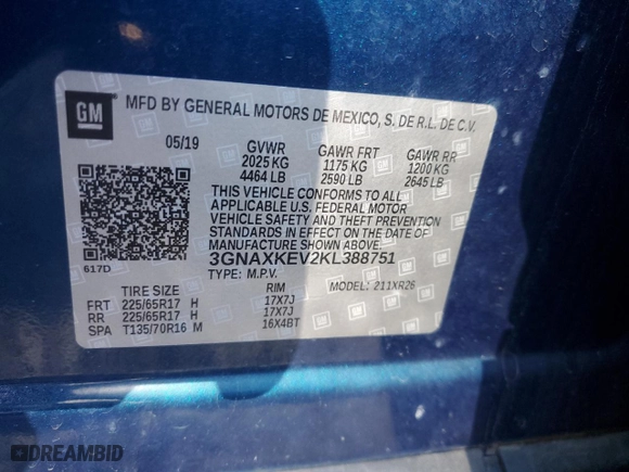 2019 Chevrolet Equinox LT with VIN 3GNAXKEV2KL388751, listed as a Copart auction lot 48855975 with 52,676 mi miles and Salvage Title. Bid and sale history available at carsss.com. Image 14.