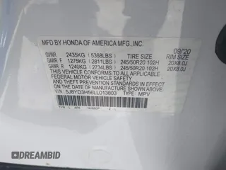 2020 Acura MDX w/Technology Pkg with VIN 5J8YD3H56LL013803, listed as a IAAI auction lot 41983696 with 58,346 mi miles. Bid and sale history available at carsss.com. Image 9.