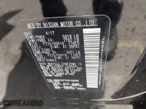 2017 Nissan Quest SV with VIN JN8AE2KP4H9169686, listed as a IAAI auction lot 42185479 with 78,102 mi miles. Bid and sale history available at carsss.com. Image 9.