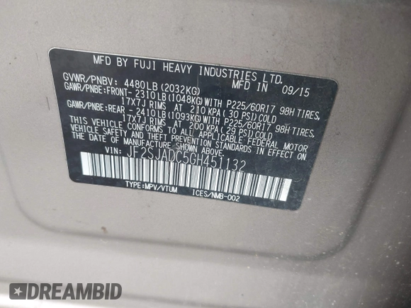 2016 Subaru Forester 2.5i Premium with VIN JF2SJADC5GH451132, listed as a IAAI auction lot 42092198 with 222,895 mi miles. Bid and sale history available at carsss.com. Image 9.