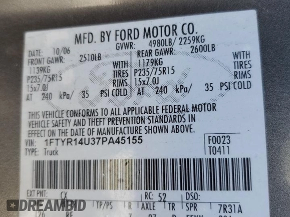 2007 Ford Ranger XL with VIN 1FTYR14U37PA45155, listed as a Copart auction lot 53780115 with 173,323 mi miles and Salvage Title. Bid and sale history available at carsss.com. Image 12.