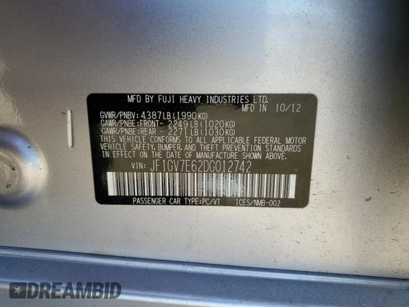 2013 Subaru Impreza Sedan WRX WRX with VIN JF1GV7E62DG012742, listed as a Copart auction lot 58281384 with 120,761 mi miles and Salvage Title. Bid and sale history available at carsss.com. Image 14.