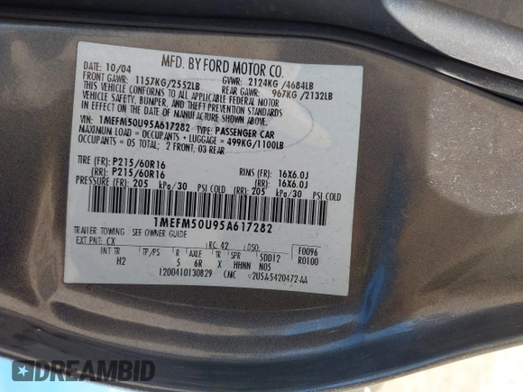 2005 Mercury Sable GS with VIN 1MEFM50U95A617282, listed as a IAAI auction lot 42186713 with 126,062 mi miles and . Bid and sale history available at DreamBid. Image 9.