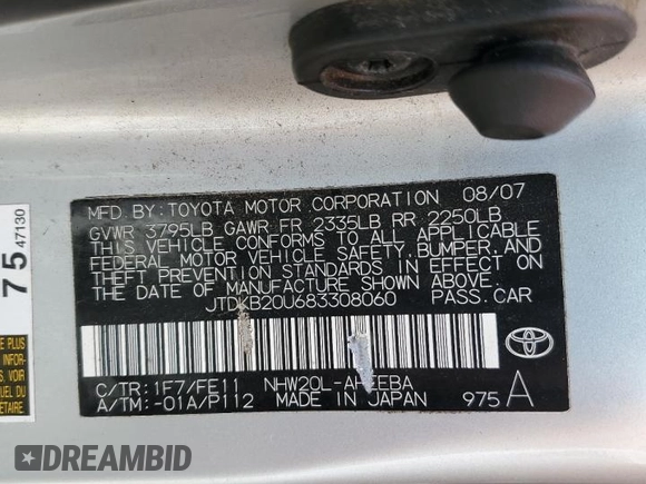 2008 Toyota Prius with VIN JTDKB20U683308060, listed as a Copart auction lot 56432735 with 163,455 mi miles and Salvage title. Bid and sale history available at DreamBid. Image 12.